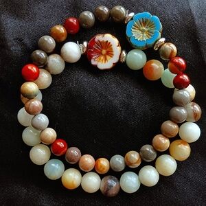 Ocean Jasper Amazonite Hibiscus Flower gemstone stretch bracelets set